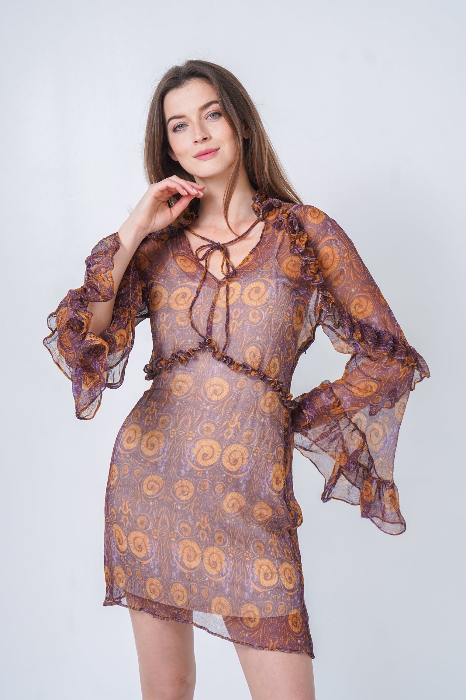 Lilac Romantic Sleeves Matador Print Dress