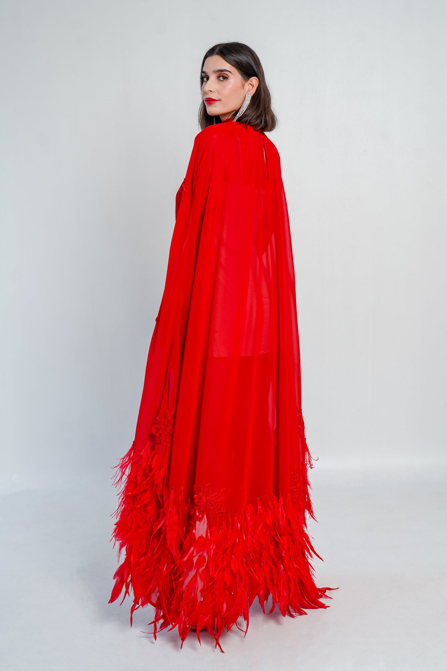 Grand Entrance Red Rhinestone Feather Cape and Fringe Dress