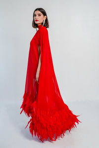 Grand Entrance Red Rhinestone Feather Cape and Fringe Dress