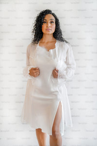 White Bias Slip Dress with Maribou Feather Pom Poms