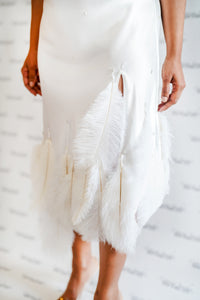 White Bias Slip Dress with Ostrich Feathers